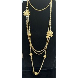 Set of 2 Fall Leaves Necklaces Gold Tone Pearl Filigree Beads Long Layer Stack